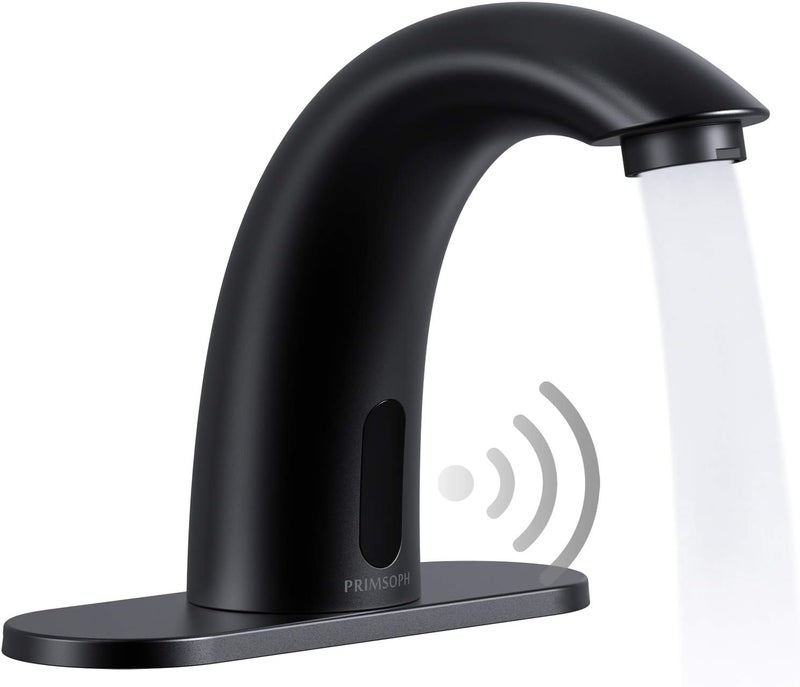 PRIMSOPH Automatic Motion Sensor Hands Free Electronic Infrared Smart Commercial Touchless Bathroom Sink Faucet with Cover Plate Temperature Mixer Battery or Plug-in Powered Matte Black - Image 1